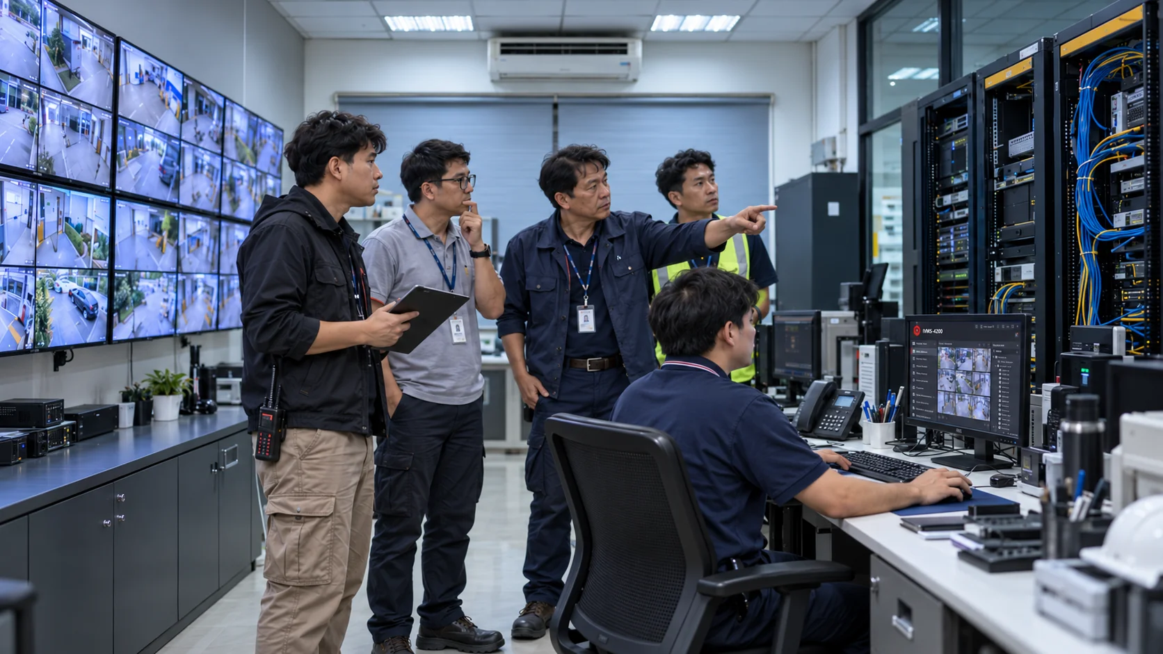 ภาพประกอบทีมช่างตรวจระบบ CCTV และ Network ในห้องควบคุม